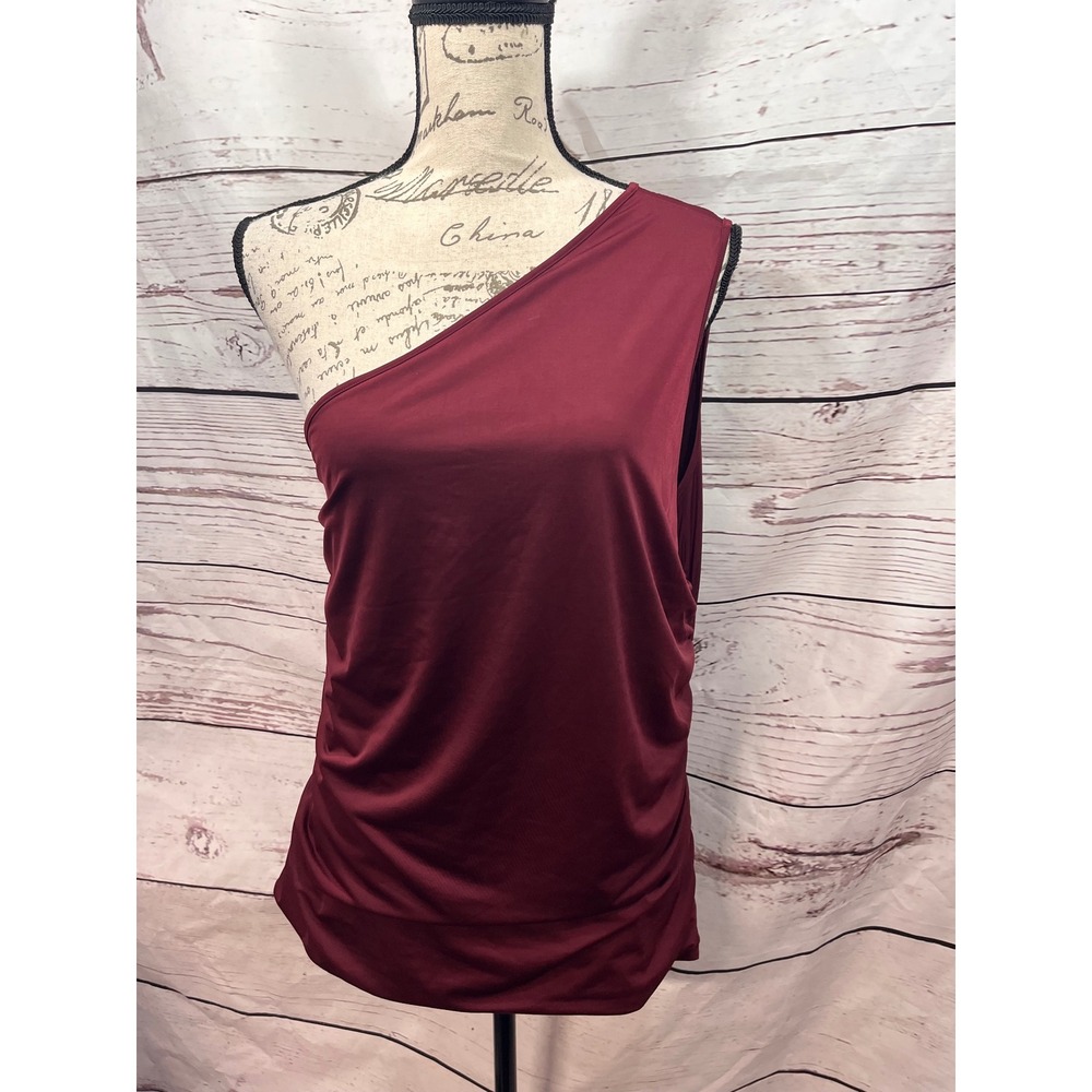Express Womens One Shoulder Ruched Top Burgundy Asymmetric Sleeveless XL NEW